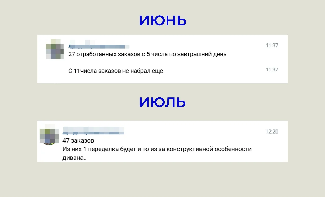 Отчёты клиента в переписке: 27 отработанных заказов в июне и 47 заказов в июле