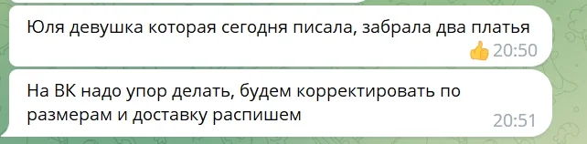 Сообщения владельца магазина: девушка, которая сегодня писала, забрала два платья; на ВК надо делать упор